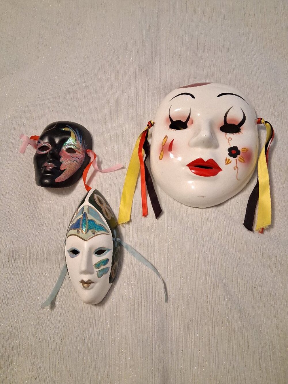 1980s 3 Ceramic Hand Painted glitter Masks Masquerade clown Wall Hanging Decor